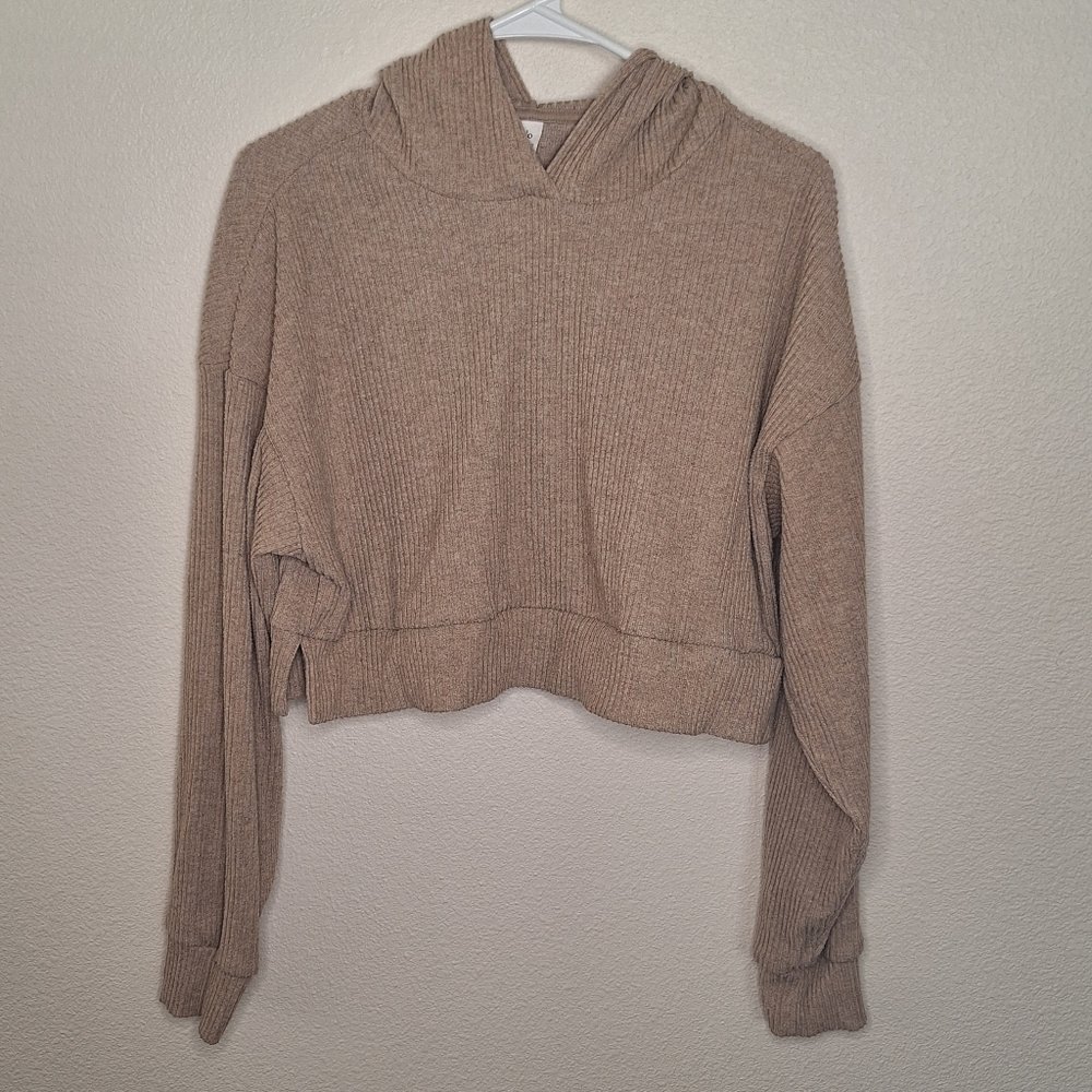 ALO Oversized Cozy Tan Cropped Hoodie with Ribbed Texture Size XS